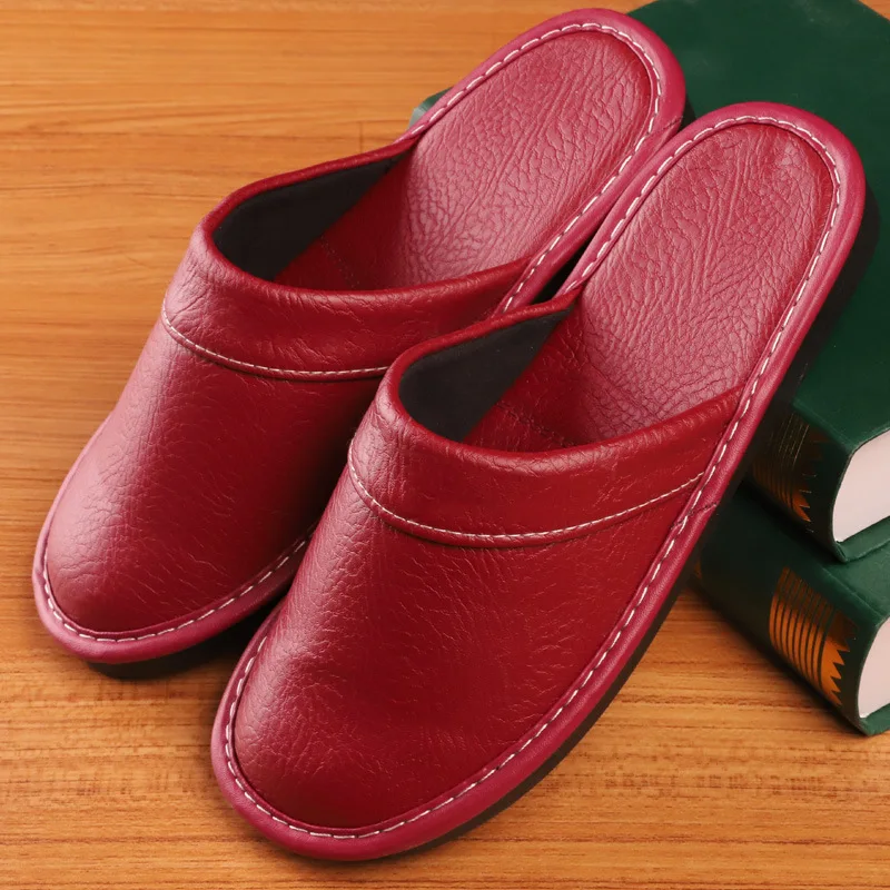 Home Leather Slipper for Men Four Season Indoor Flat Waterproof Shoes Slides Lovers Shoes Concise Couples Soft Leather Slippers