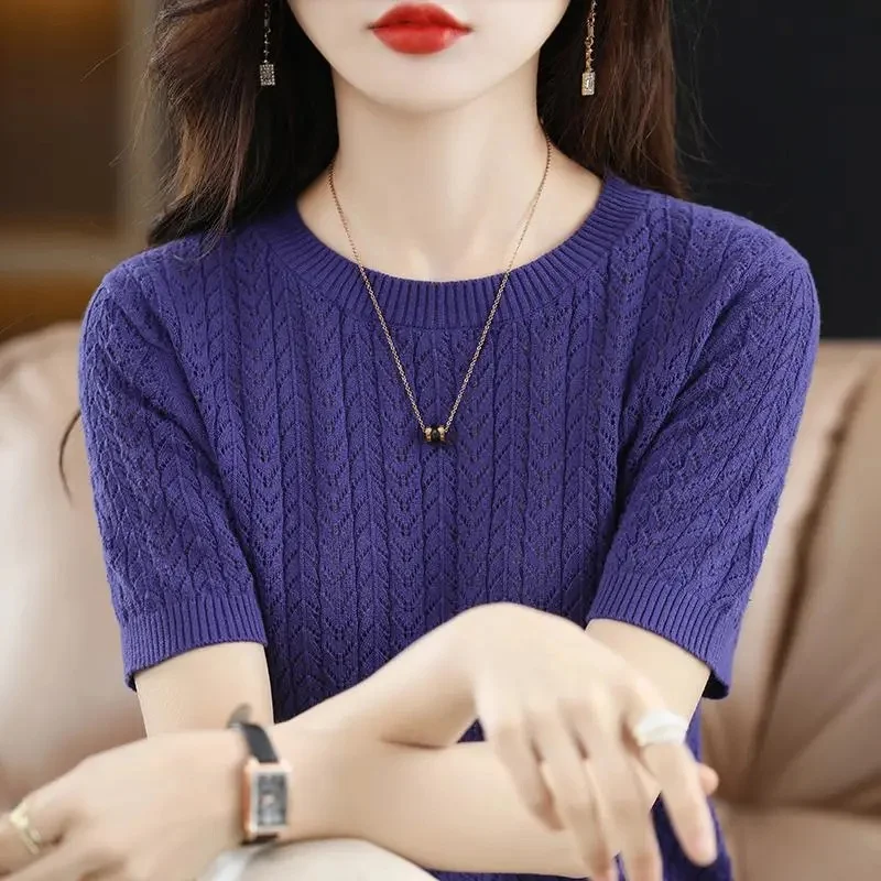 용수철 여름 여성용 반팔 스웨터, 한국 패션 니트웨어, 슬림핏 보터밍 셔츠, 캐주얼 O-넥 풀오버 니트 탑