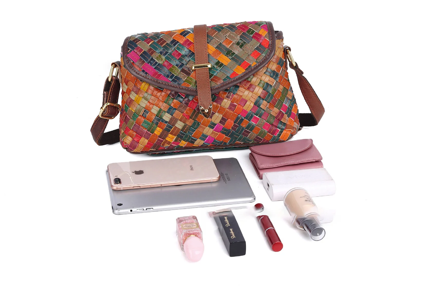 Women Handbags Leather Shoulder Bag Genuine leather handmade bag woven bag colorful striped color matching small casual ethnic style shoulder for women