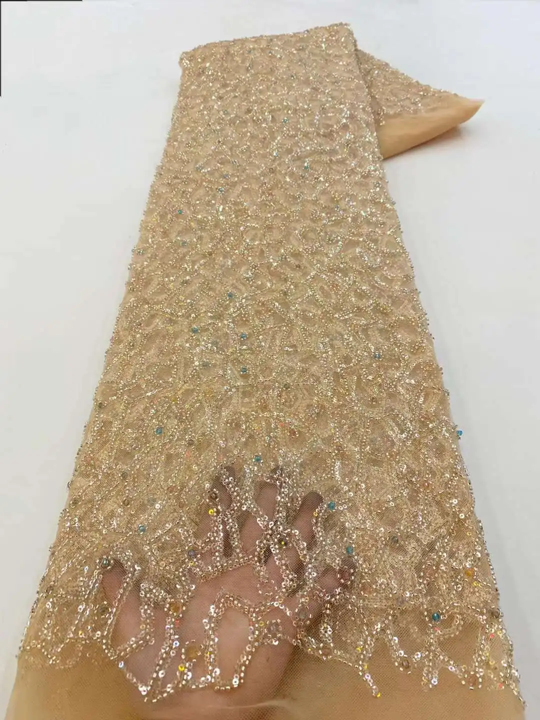 

Высококачественная кружевная ткань ручной работы с бусинами Роскошная вышивка блестками французские бусины кружевная ткань для свадебного платья Sew Xz