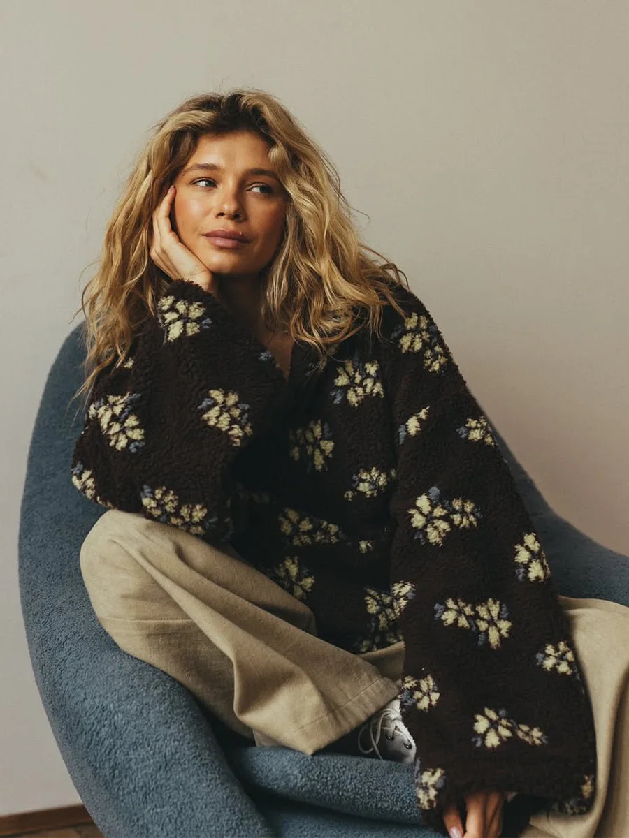 Bornladies Autumn Winter Women's Sherpa Floral Hoodies Half Zip Style Loose Fit Warm Stylish New Sweatshirt