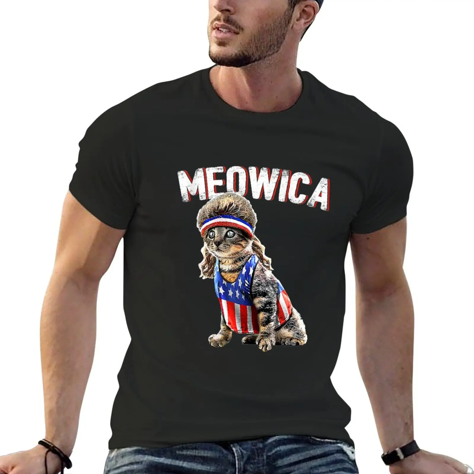 

Meowica Cat Mullet American Flag Patriotic T-Shirt plus size tops aesthetic clothes plain white t shirts men