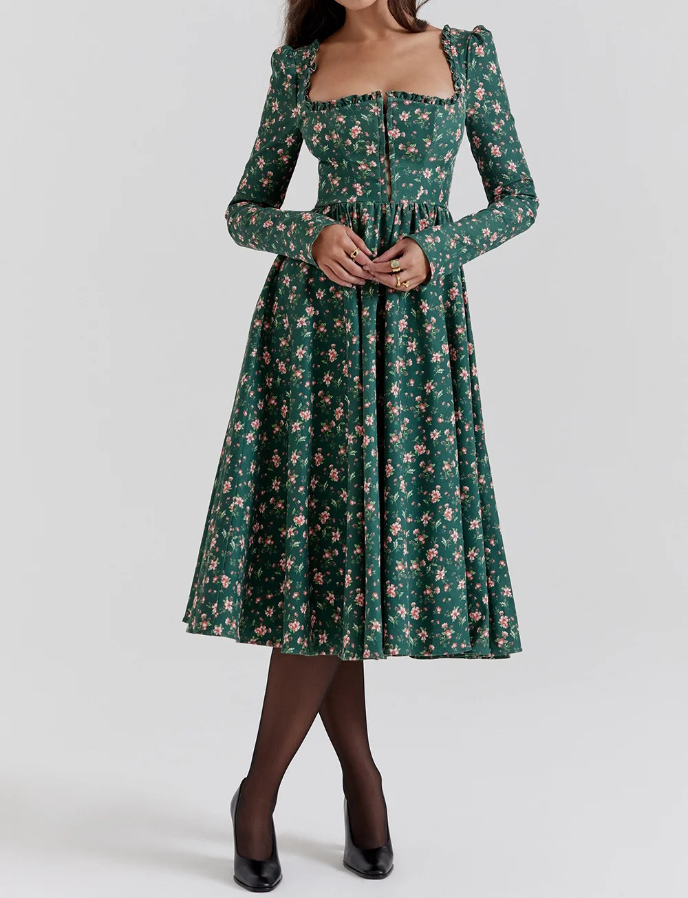 

KOYOUN New Retro Christmas Green Floral Lace-up Skirt Tube Top Straps Puff Sleeves Fishbone Waist A-line Evening Party Dress