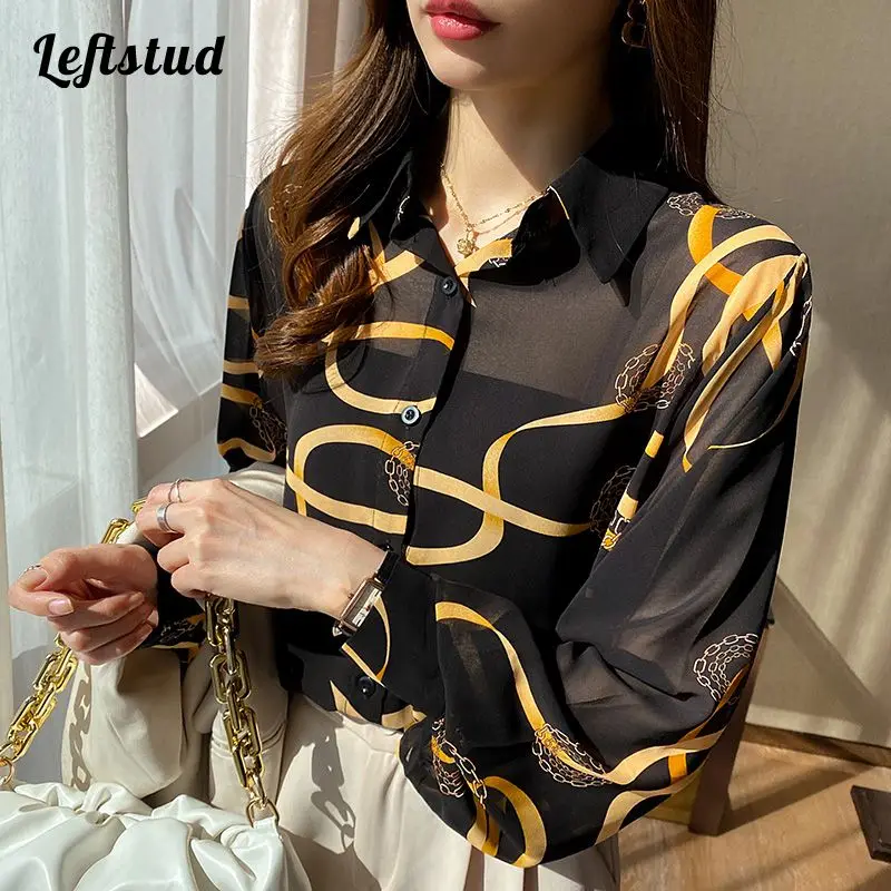 Striped Chain Vintage Chiffon Women's Blouse Shirt 2022 Autumn Long Sleeve  Korean Fashion Loose Thin Female Clothing Blouses Top
