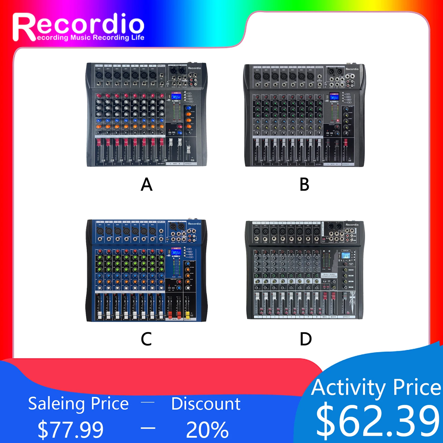 Audio Mixer Froket CT-8 Professional 8-Channel Audio Interface, DJ Console  with Bluetooth USB, Sound Mixing Console and Audio Console for Karaoke