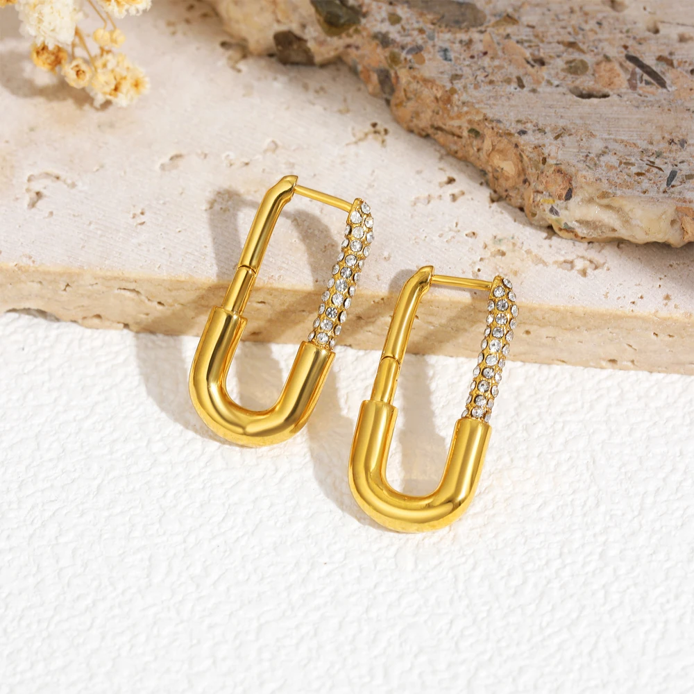Minimalist Thick U Shape Hoop Earrings Inlaid Cubic Zirconia 18K Gold Plated Waterproof Hypoallergenic Earring Trending Jewelry