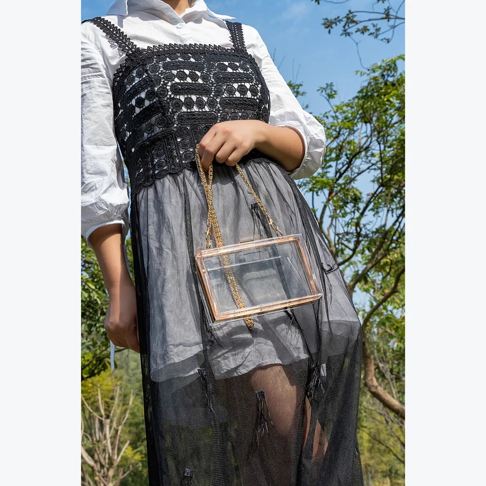 Women Acrylic Clear Clutch Transparent Crossbody Purse Evening Bag Sport Events Stadium Approved Chain Strap Gold/Silver