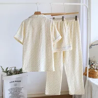 2026 New Summer Women's Pajama Set 100% Cotton Crepe Short Sleeve+Shorts+Pants 3-Piece Pajama Women's Cardigan Home Clothes - Image 2