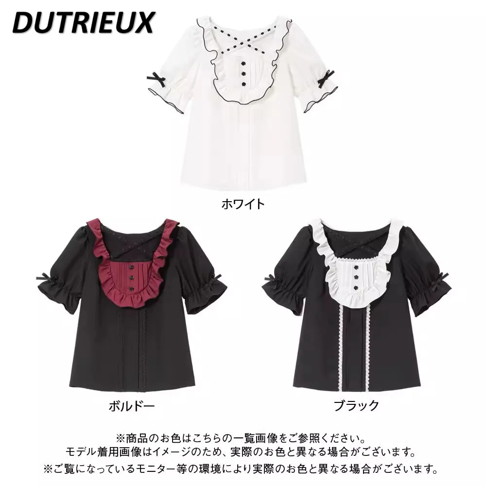 Japanese Mine Style Cross Strap Ruffles Puff Short Sleeve Blouse Women Sweet Bow Chiffon Shirt Fashion Lolita Blusas Top Ladies elegant girls shoes women fashion low heel bow buckle strap platform lace ruffles cosplay lolita mary janes school shoes 32 43