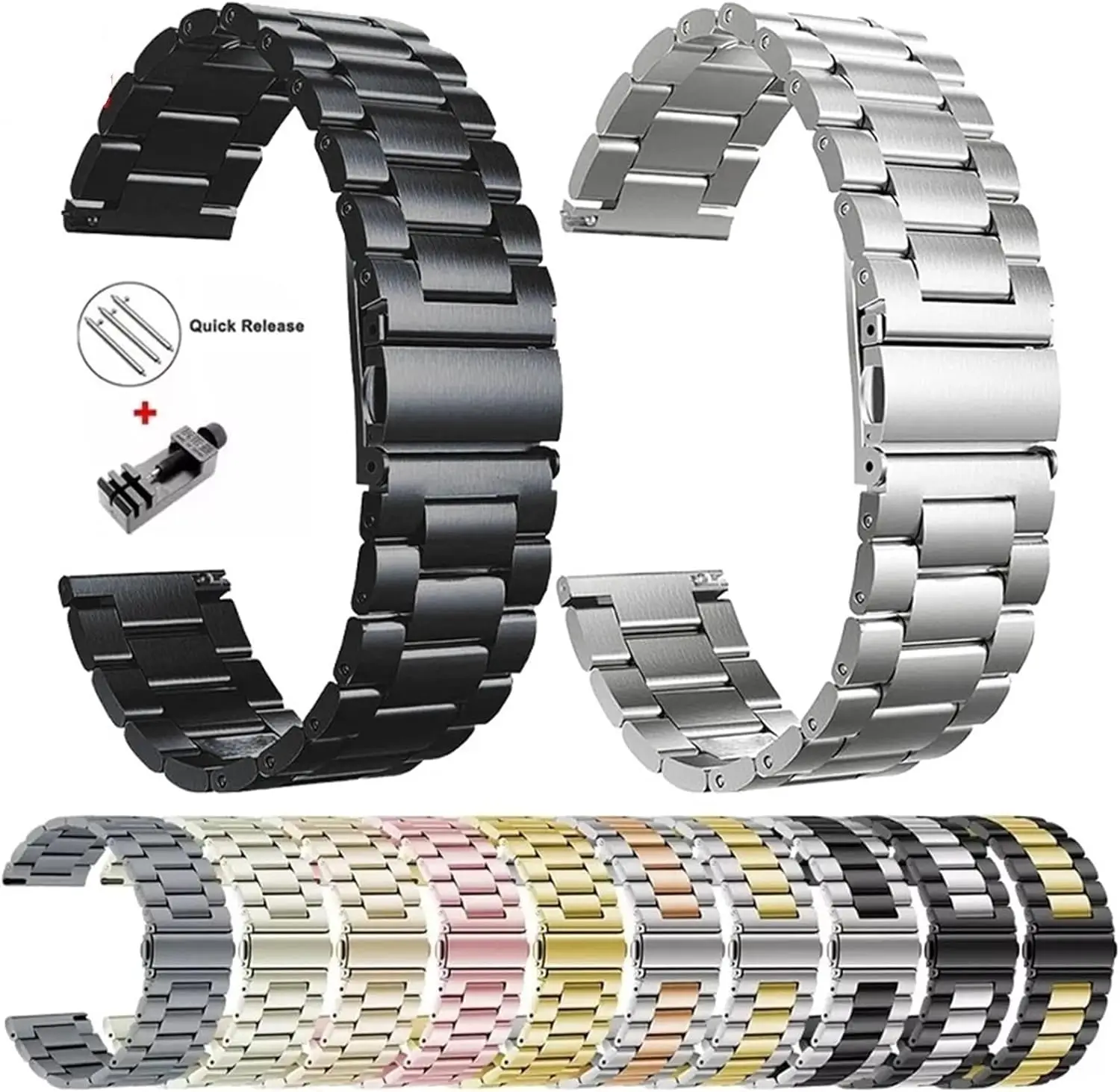 Classic Three-Bead Stainless Steel Sports Strap, 20mm/22mm