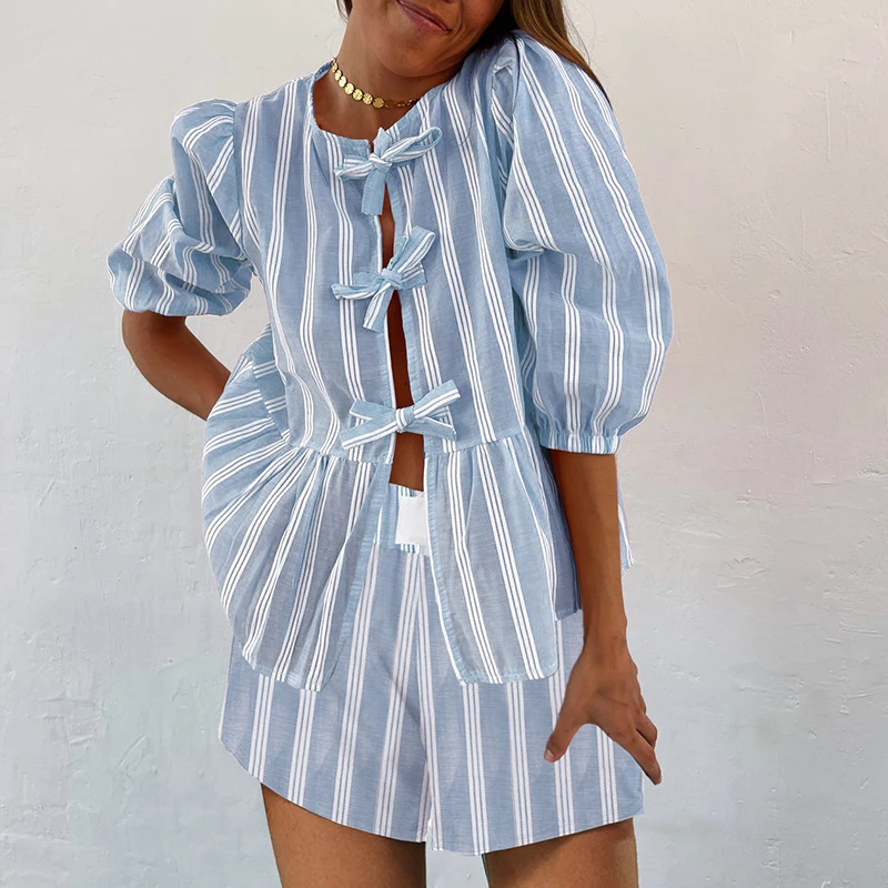Women’s Tie Front Smocked Top and Shorts Set – Summer Co-Ord | WestCloset