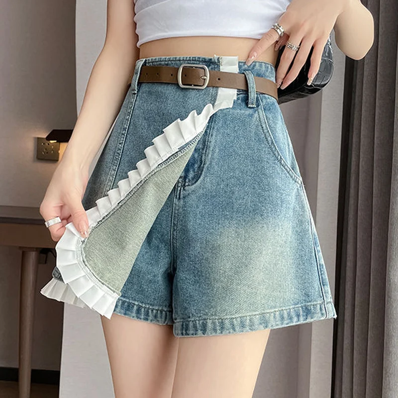 Vintage Denim Shorts Skirts Women Summer New Style High Waist Loose A-line Irregular Lace Skirts Female