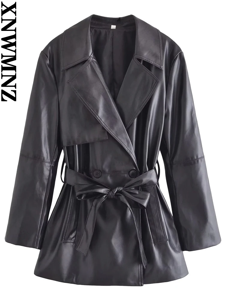 

XNWMNZ Women's Fashion 2023 Autumn/Winter Faux Leather PU Belt Short Trench Women Long Sleeve Pocket Coat Female Outerwear