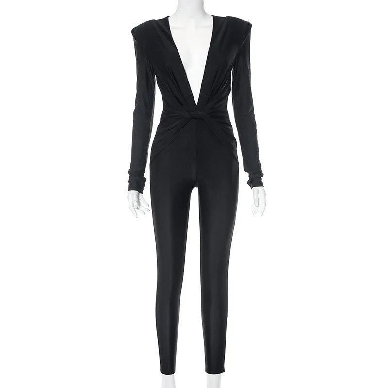 Gtpdpllt Fall Sexy Deep V Neck Ruched Bodycon Jumpsuits for Women Elegant Outfits Unitards Long Sleeve Rompers Overalls