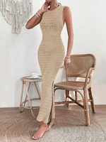 Fashionable and elegant hollow out dress with round neck and waist clip skirt, sleeveless slim fit woolen dress for women - Image 3