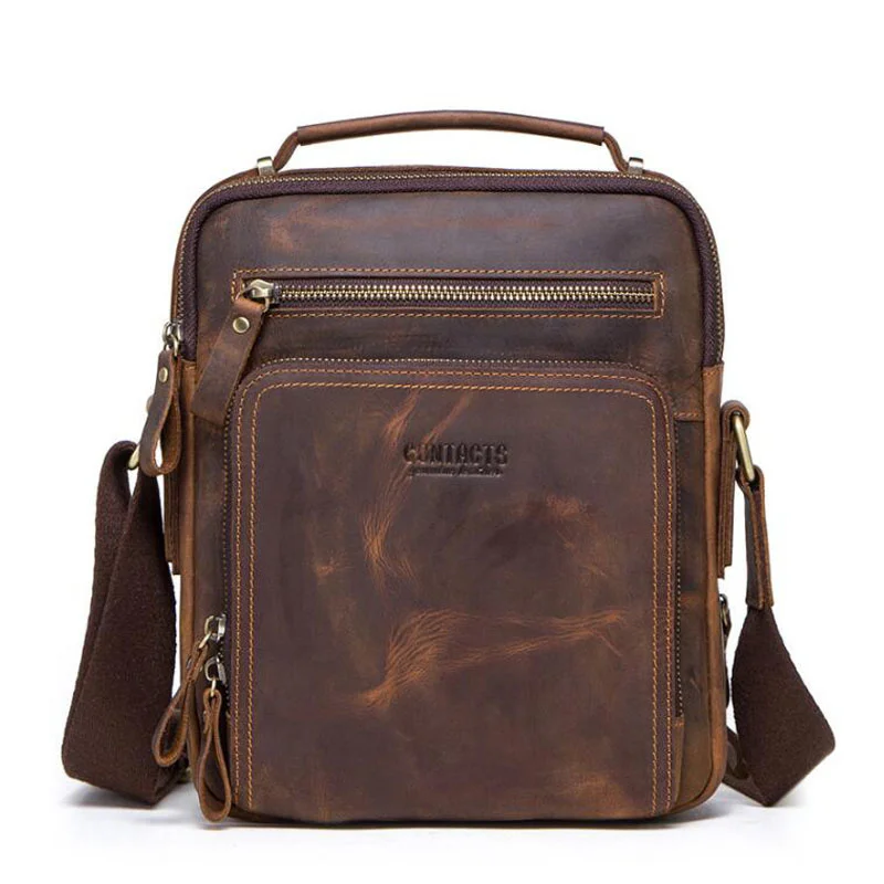 

High quality brand crazy horse leather men's shoulder bag vintage messenger bags men bolsos male crossbody bags man's handbag