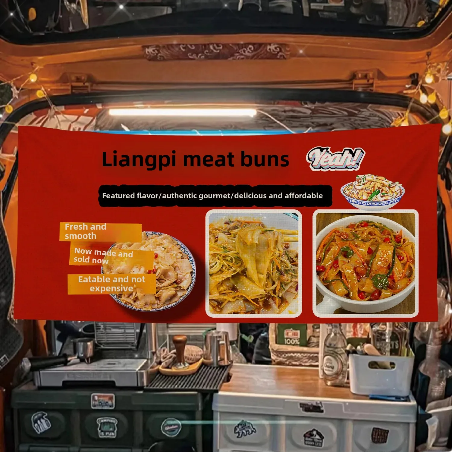thumbnail image 1 of Pancarta de tela para puesto de mercado de alimentos con piel fresca especial, valla de tela publicitaria, mercado nocturno, puesto de exhibición de caja de respaldo en la carretera, 1 of 5