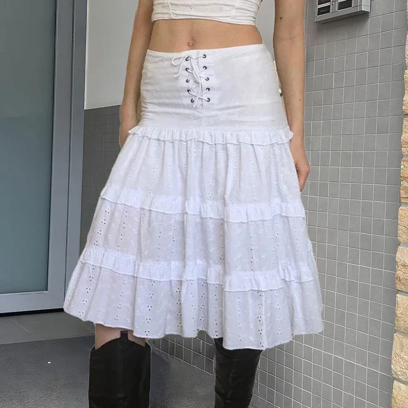 

Skirts Jacquard Ruffle Long Skirt White Fairycore A-line Casual Chic Elegant Tie Up High Waist Holiday Party New Faldas