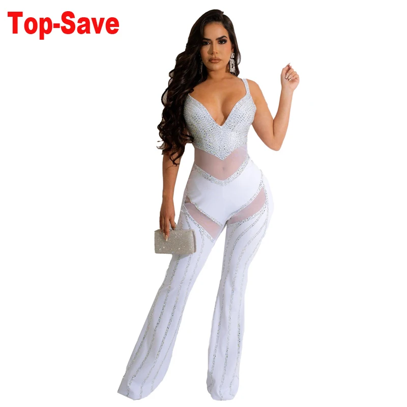 

Women Jumpsuits Backless Nightclub Casual Rhinestones Wide Leg Jumpsuit Strapless Mesh See Through Ladies Overalls Wholesale