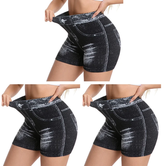 Lot de 3 shorts en jean imitation pour femme, pour fitness, course, sport, gym, entraînement, avec effet froncé aux fesses, leggings de yoga sans couture, culottes gainantes