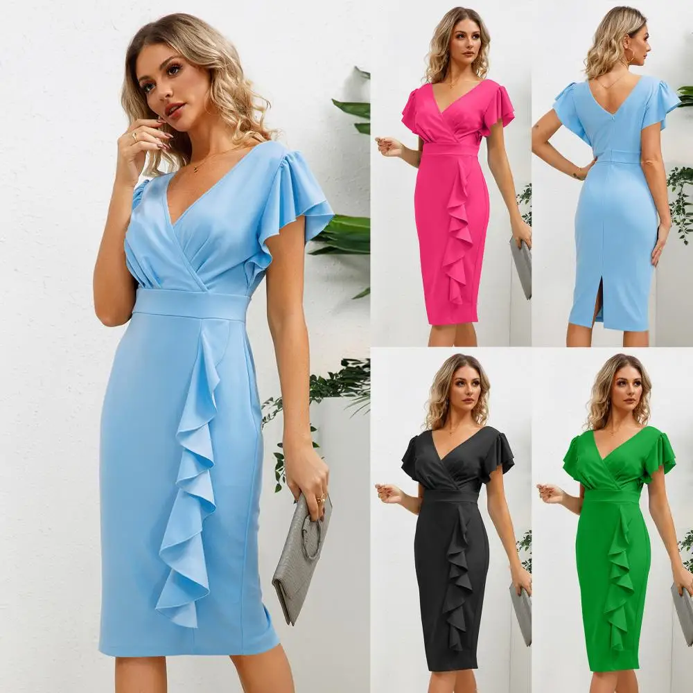 

Women's Sexy Short Sleeve V Neck Bodycon Dress Wedding Guest Cocktail Evening Party Work Faux Wrap Ruched Midi Dresses