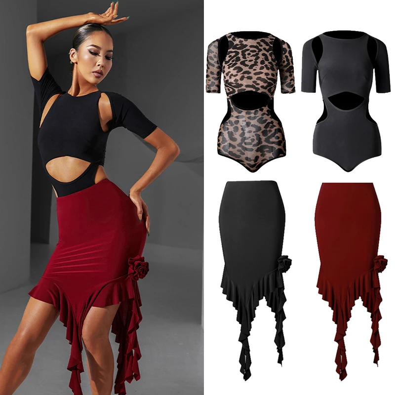 

Summer Latin Dance Clothes Short Sleeves Tops Flower Skirt Women Rumba Samba Practice Wear Adult Latin Dance Dresses DNV17806