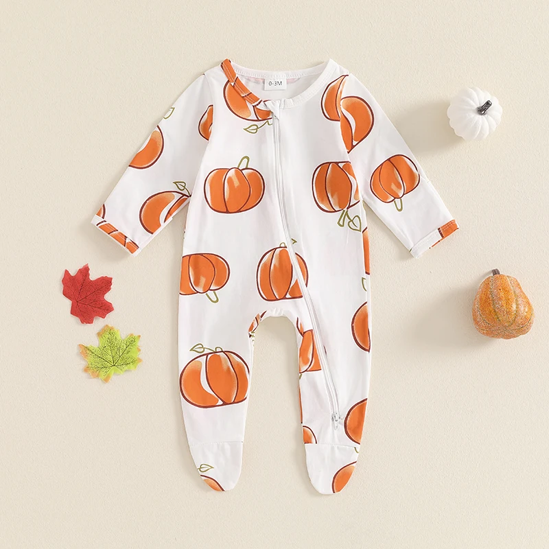 Baby Girls Boys Footies Rompers Halloween Clothes Pumpkin Print Long Sleeve Toddler Fall Bodysuits