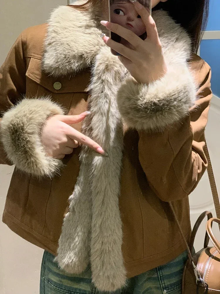 Korean Fashion Long Sleeve Slim Fit Single Breasted Fox Fur Coat Autumn Winter Commute Women Faux Fur Patchwork Denim Jackets