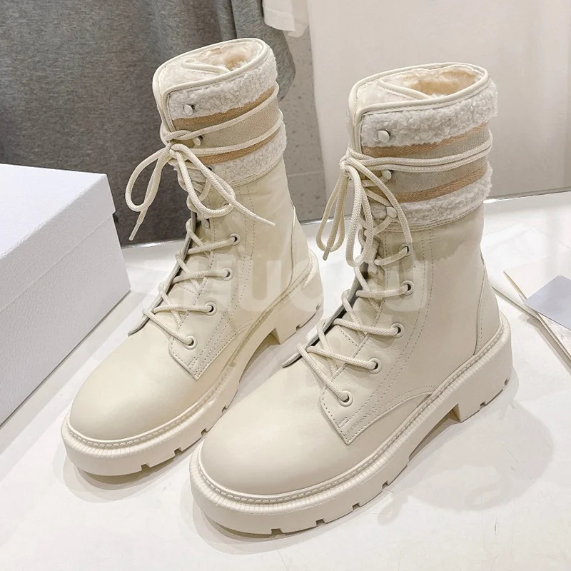 

Autumn Winter New Female Short Boot Round Toe Cross Tied Wool Lining Design Female Shoes Simplicity Warmth Straight Boots