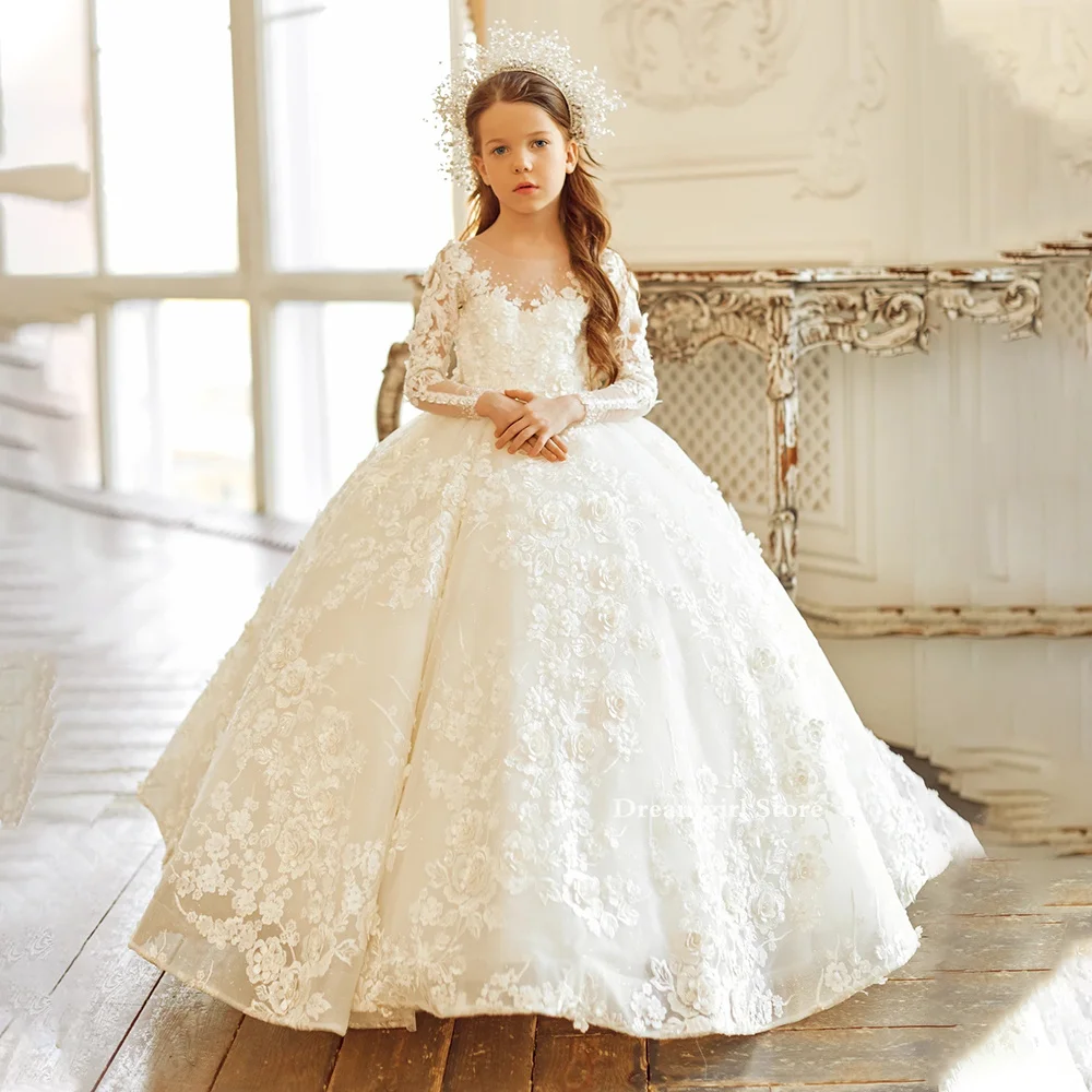 

Dreamgirl Ivory Appliques Lace Flower Girl Dresses Full Sleeve Child Princess Dress Court Train Wedding Guests Dresses Zipper