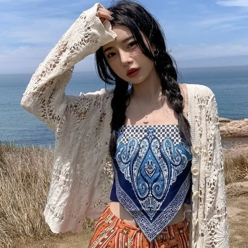 

Lace cardigan women outerwear summer hollow seaside vacation long sleeved sun protection shirt coat top cardigan female tops