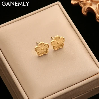 GANEMLY 316L Stainless Steel Golden Plum Blossom Five Leaf Flower Stud Earrings For Women Fashion Waterproof Clover Jewelry Gift