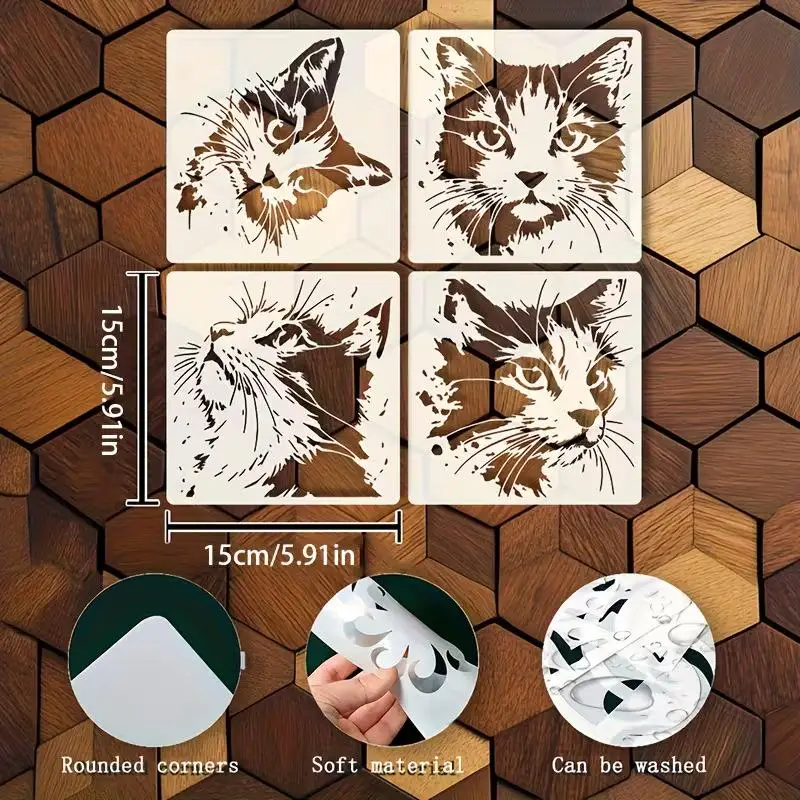 벽화용 고양이 스텐실 4개, 새끼 고양이 패턴 속이 빈 몰드, 홈 데코 및 스크랩북 DIY 공예용 재사용 가능