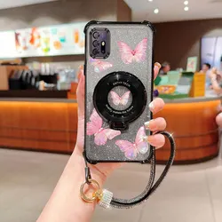 Glitter Pink Butterfly Phone Holder Case with Diamonds Strap Lanyard - Moto G52 (Black)