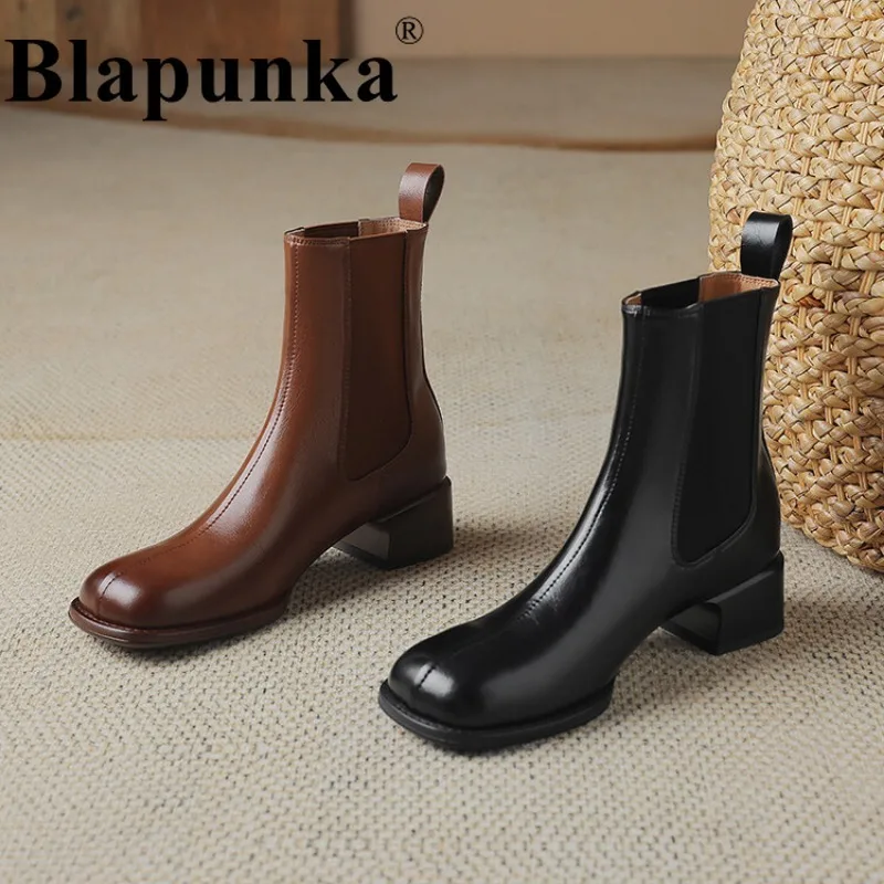 

Blapunka Women Real Natural Leather Boots Brown British Square Toe Elastic Band Chelsea Boot Woman Block Heels Platform Shoes 42