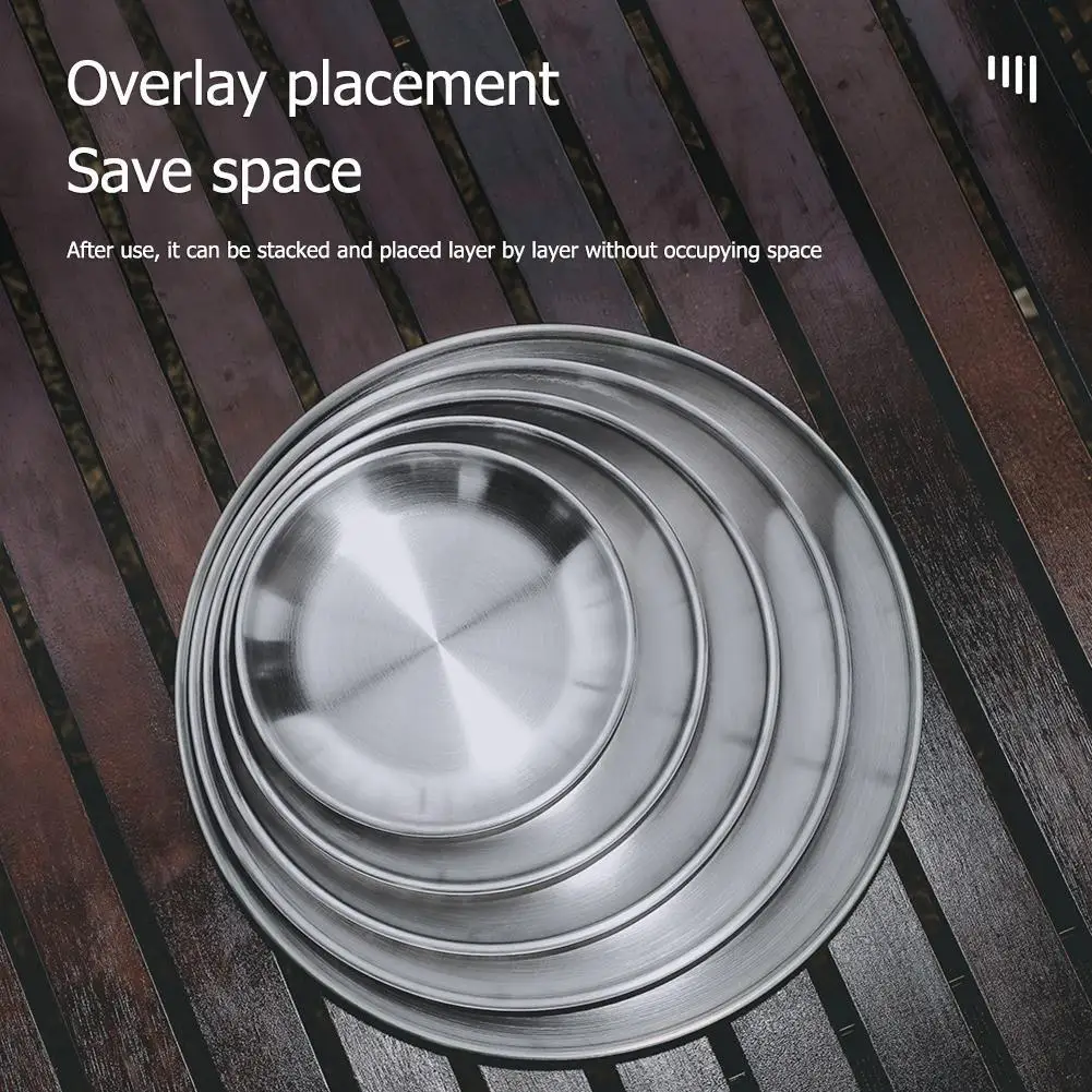 Stainless Steel Plates Dinner Plates Reusable Feeding Serving Tableware Portable Round Plates for Outdoor Camping Picnic BBQ