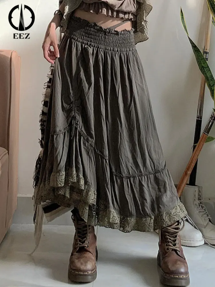 

2000s Retro Green Grunge Long Skirts Women Ruffles Shirring Tie-Up Lace Trim A Line Y2K Skirt Fairycore Cute Holiday Outfits Emo