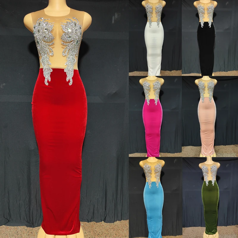 

7 Colors Shiny Rhinestones Dress Mesh Velvet Evening Prom Dresses Women Birthday Celebrate Costumes Stage Show Outfit XS5718