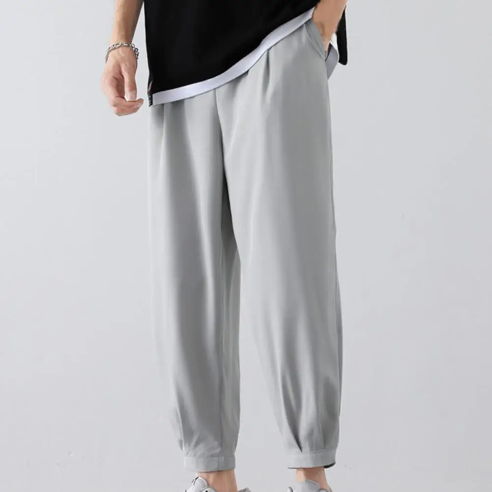 Solid Color Men Pants Ankle-length Smooth Wide Leg Ankle Tied Oversize Pants Sweatpants