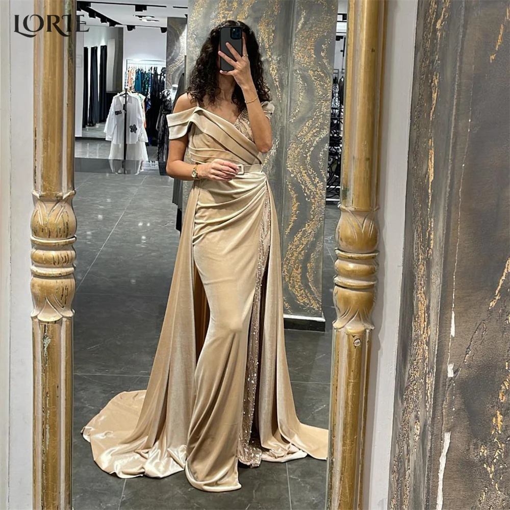 

LORIE Light Champagne Mermaid Evening Dresses Pleated Glitter Beaded Satin Prom Dress Backless Saudi Arabia Bride Party Gowns