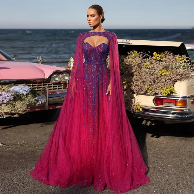 Luxury Dubai Fuchsia Evening Dresses with Cape Sleeves 2024 Emerald Green Women Wedding Party Dress 386 Customized 1