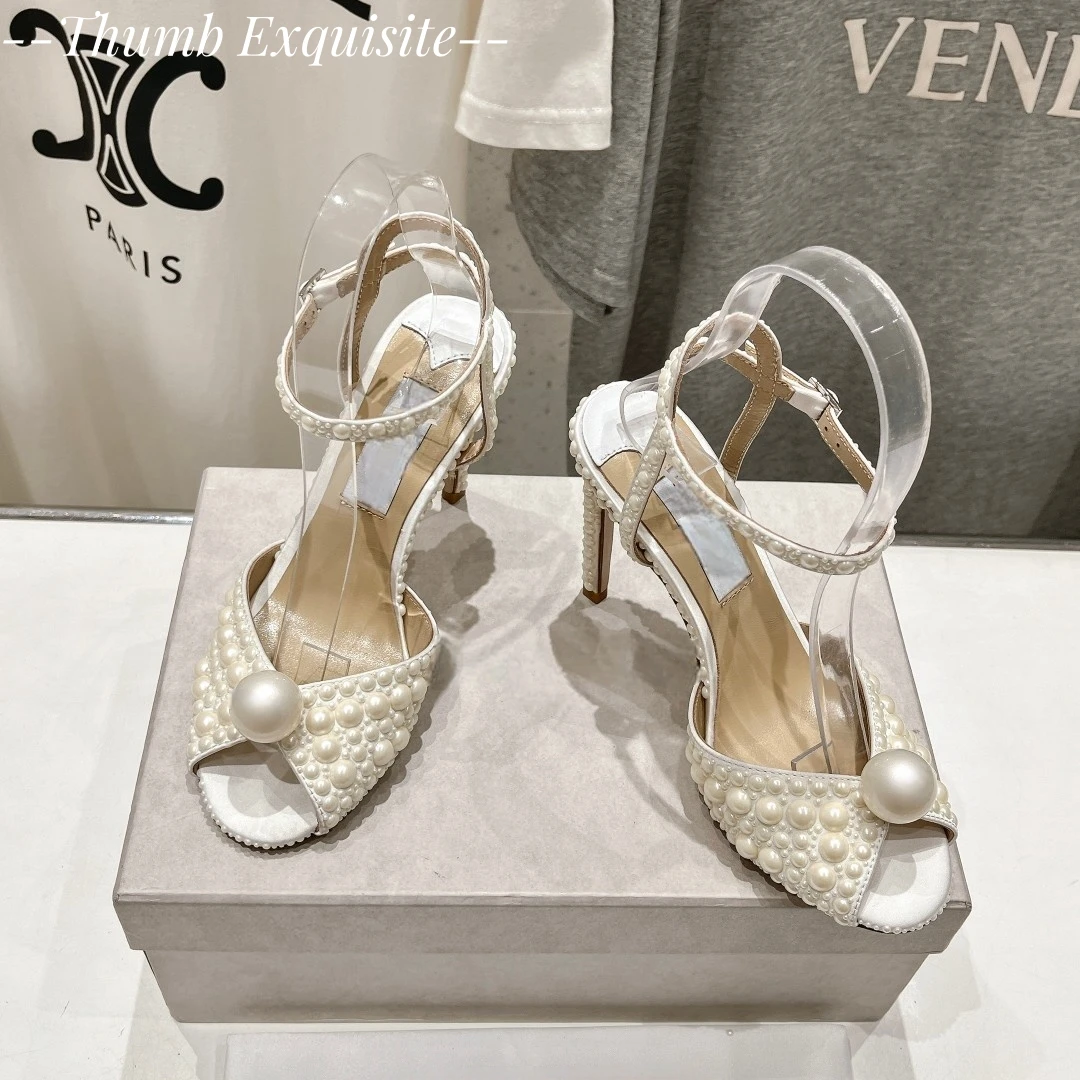 

2024 new style pearl decoration high heels elegant women sandals top quality handmade wedding party summer dress single shoes