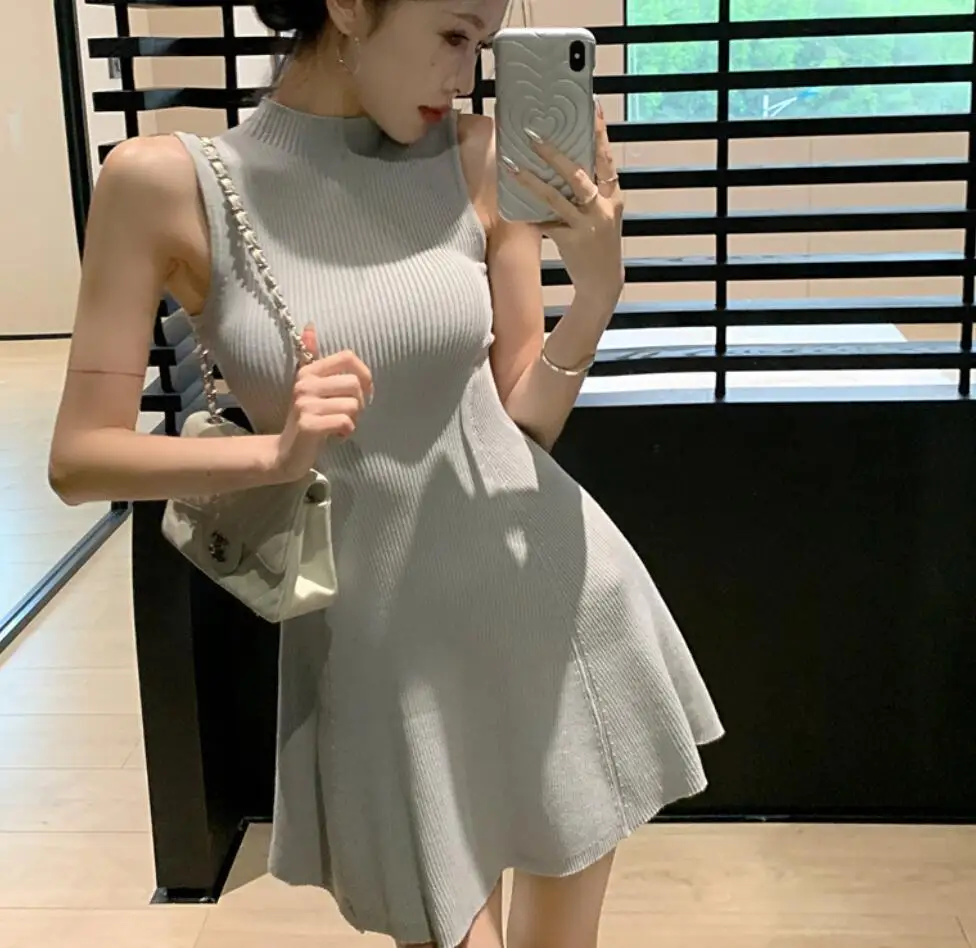 

Summer New Slim Fit Waistband Sleeveless Solid Knitted Dress for Women