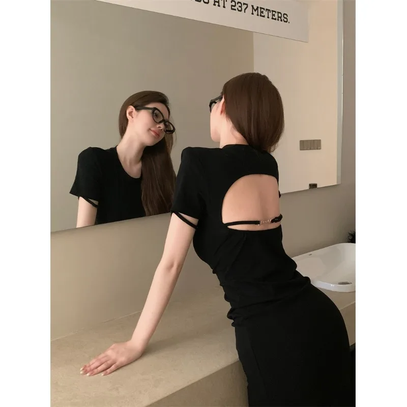 

Женское платье с открытой спиной и круглым вырезом, облегающее длинное платье в Корейском стиле ретро, лето