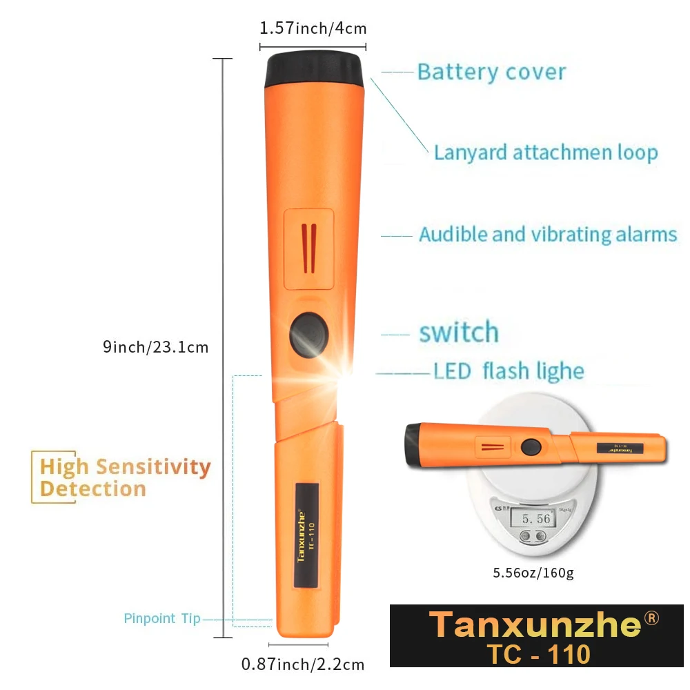 TC 110 Handheld Metal Detector Portable 360 Positioning Rod Detector IP68 Waterproof Pinpoint Sound Vibrate Alarm