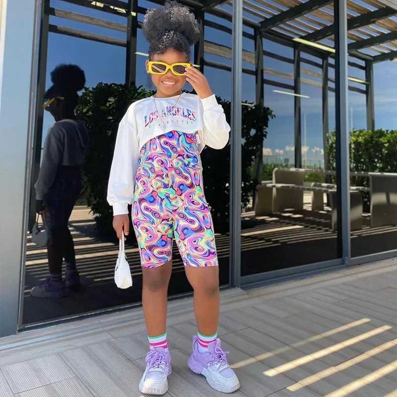 

Spring Summer Kids Clothes Sets Baby Girls Casual Letter Long Sleeve White Crop Top + Print Jumpsuit Rompers Children's Clothing