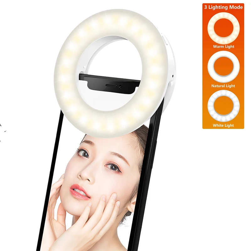 Selfie Ring Light Fill Light Rechargeable 3 Modes with Clip Video Conference Lamp for Phone/Laptop/Tablet/Make up