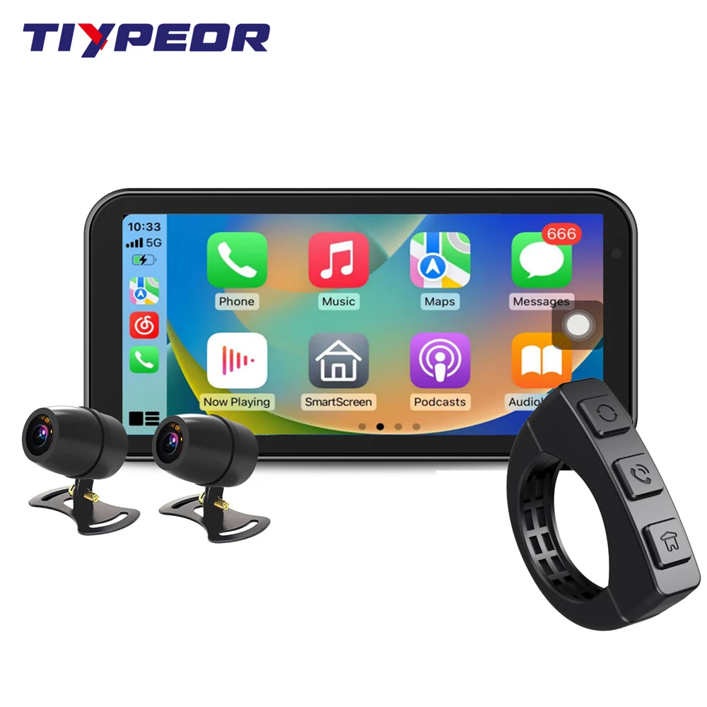 TIYPEOR 6.25 Inch Portable Motorcycle Wireless CarPlay Android Auto Smart Player GPS Navigation WIFI BT IPX7 With DVR Cam