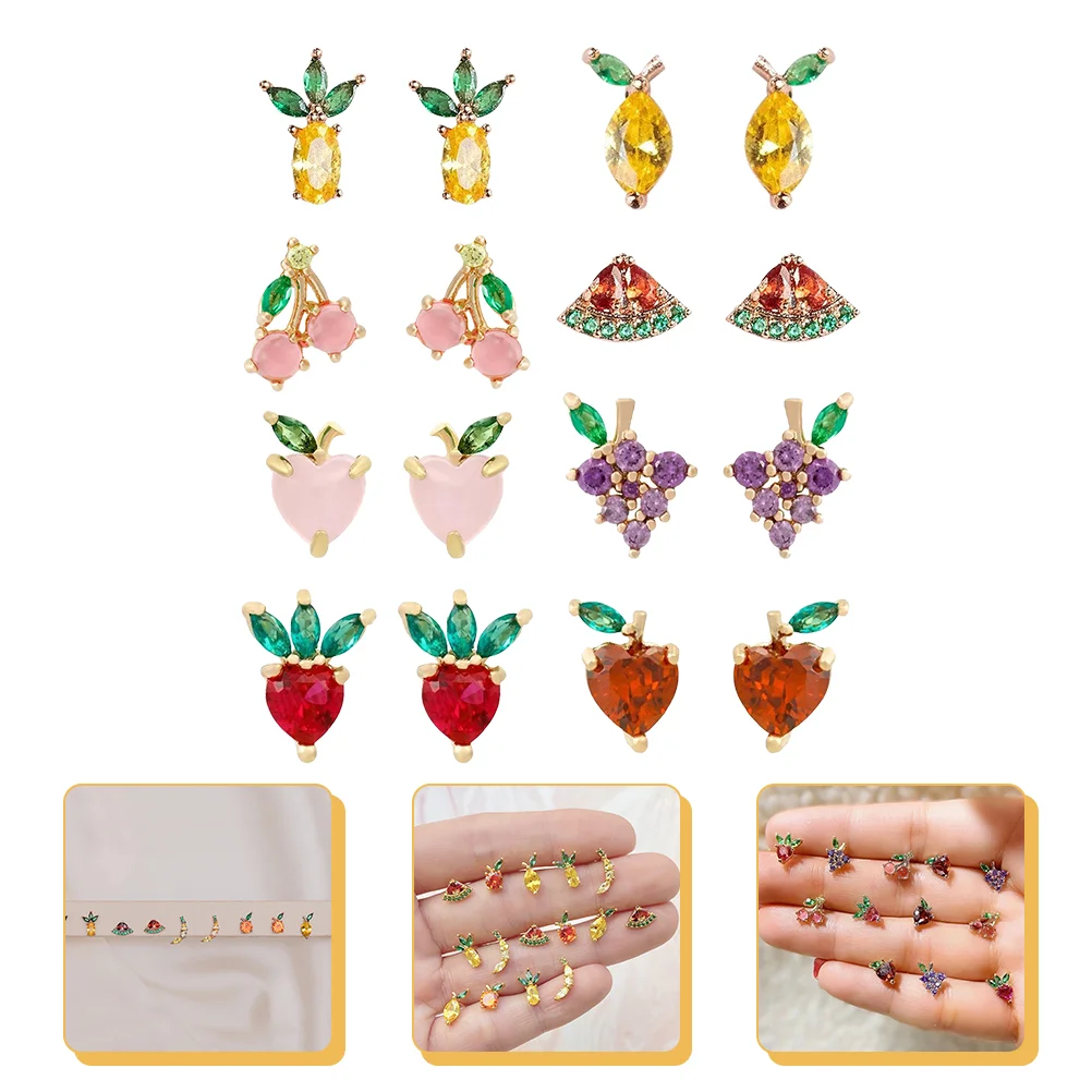 

8 Pairs Fruit Stud Earrings Lovely Earrings Chic Zircon Ear Studs for Women Girls