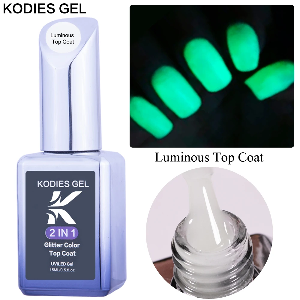 KODIES GEL 어둠 속에서 빛나는 탑 코트, UV 젤 매니큐어, 빛나는 탑 코트, 끈적 없는 광택 다이아몬드 샤인 하이브리드 바니시, 15ML, 신제품